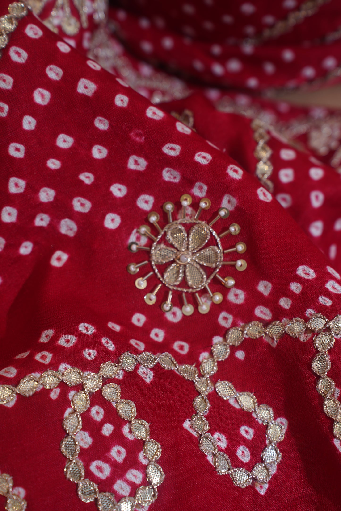 Red Pure Gajji Bandhej Banarasi Handloom Saree With Danka Gota Patti Work