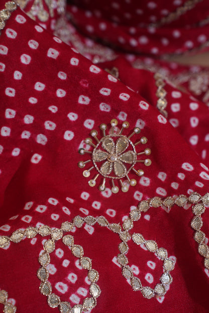 Bhuvaneshwari Red Pure Gajji Bandhej Banarasi Handloom Saree With Danka Gota Patti Work