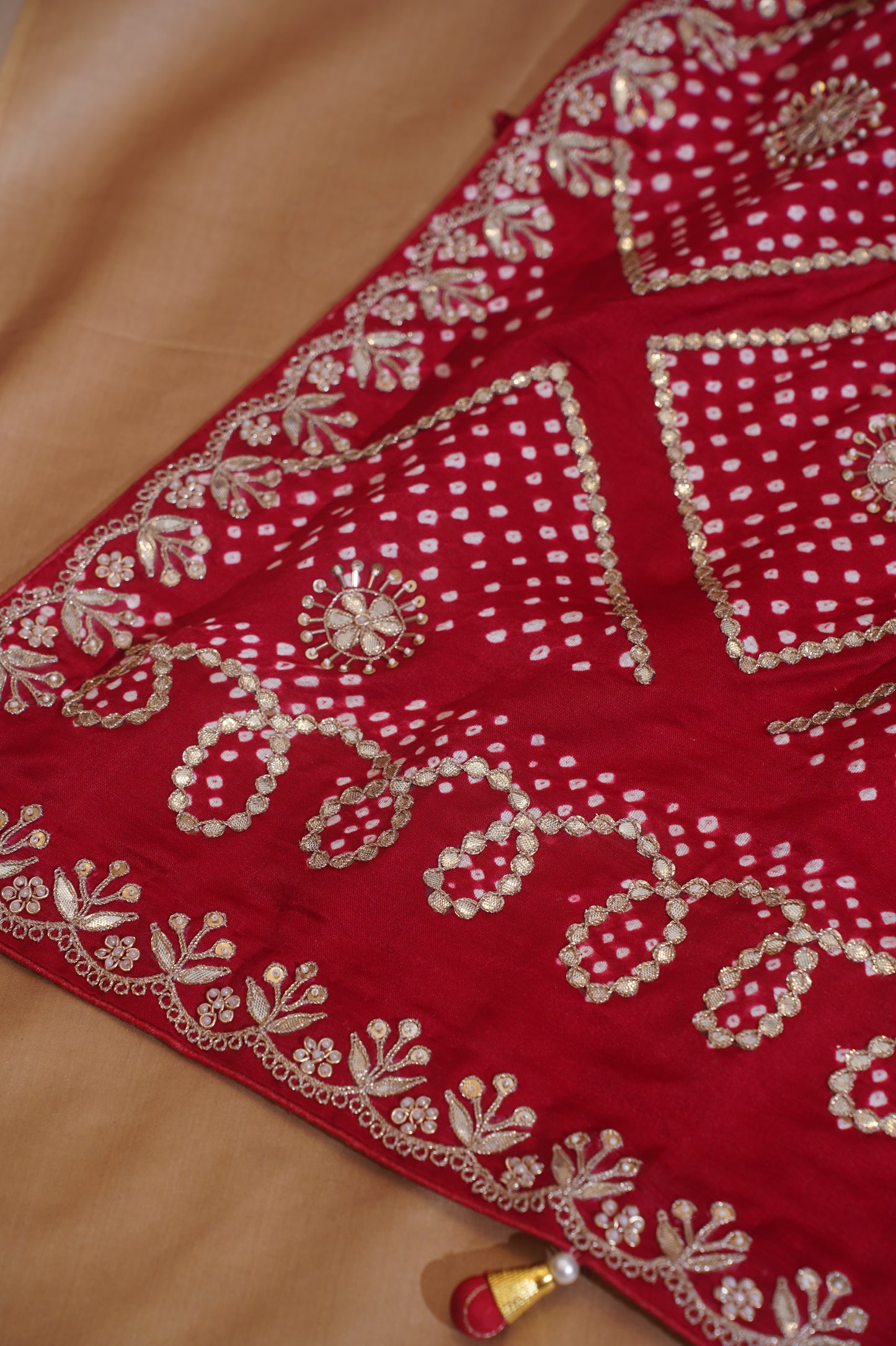 Red Pure Gajji Bandhej Banarasi Handloom Saree With Danka Gota Patti Work