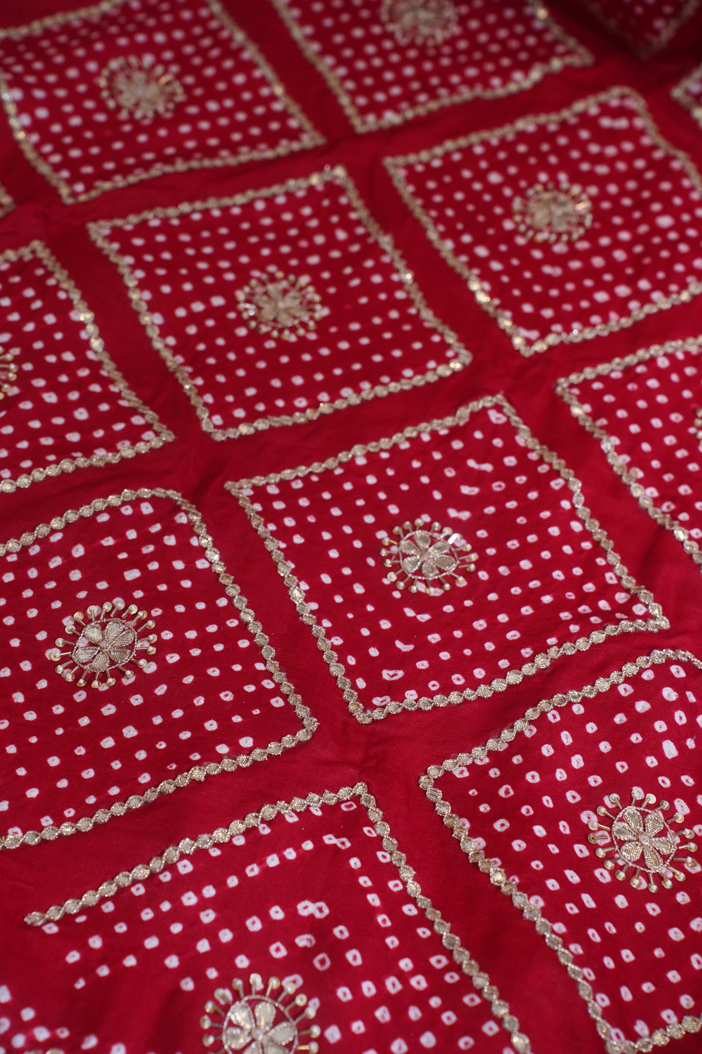 Bhuvaneshwari Red Pure Gajji Bandhej Banarasi Handloom Saree With Danka Gota Patti Work