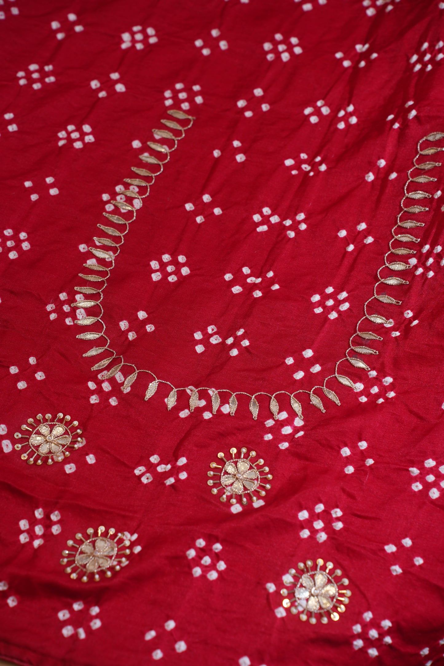 Bhuvaneshwari Red Pure Gajji Bandhej Banarasi Handloom Saree With Danka Gota Patti Work