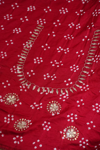 Red Pure Gajji Bandhej Banarasi Handloom Saree With Danka Gota Patti Work