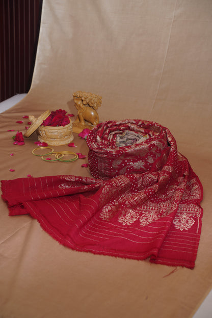 Red Pure Jamdani Bandhej Banarasi Handloom Saree