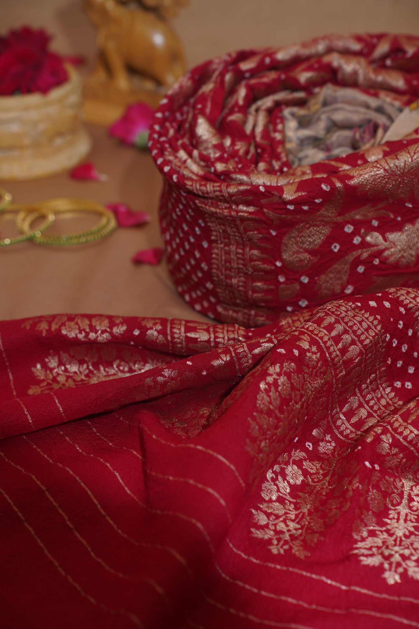 Red Pure Jamdani Bandhej Banarasi Handloom Saree