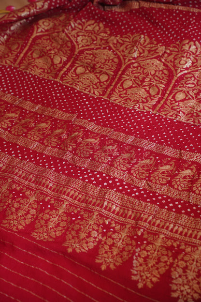 Red Pure Jamdani Bandhej Banarasi Handloom Saree