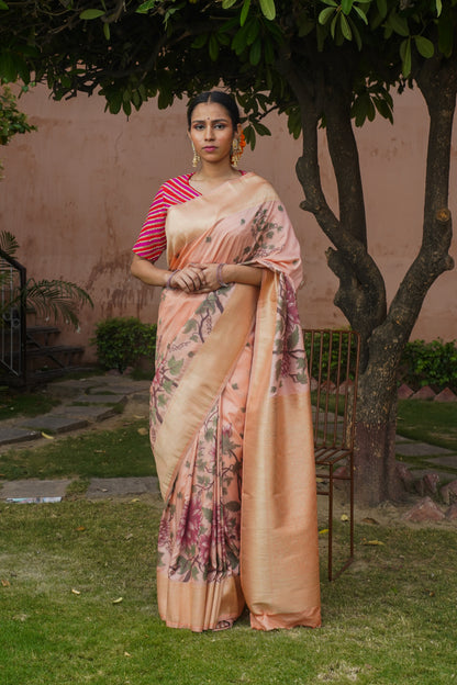 Peach Pure Soft Silk Banarasi Handwoven Saree