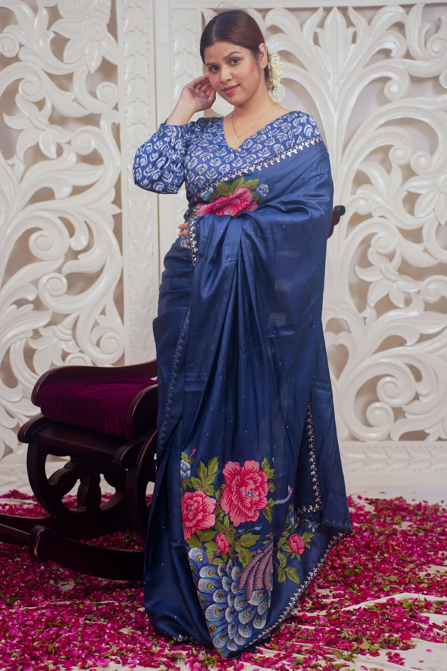 Royal blue designer pure silk saree