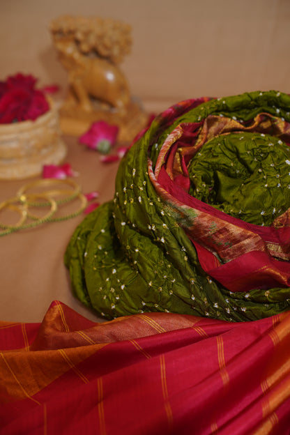 Olive Green Pure Ikkat Patola Bandhej Handloom Saree