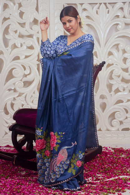 Royal blue designer pure silk saree