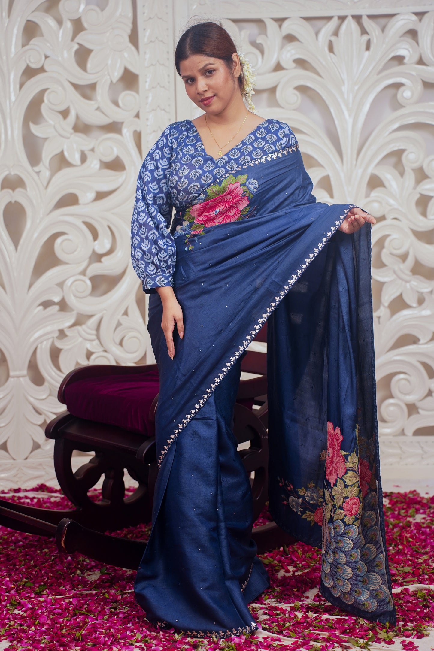 Royal blue designer pure silk saree