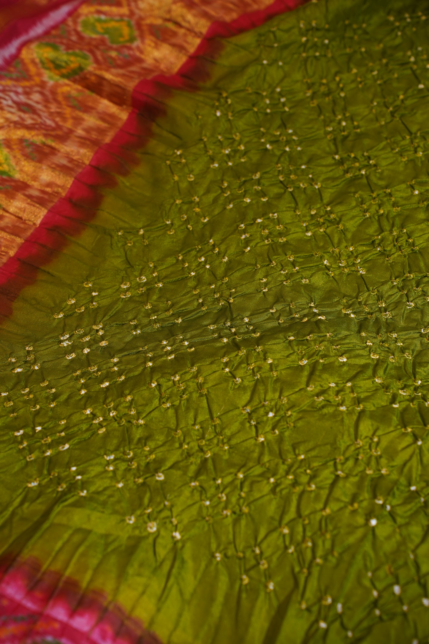 Olive Green Pure Ikkat Patola Bandhej Handloom Saree