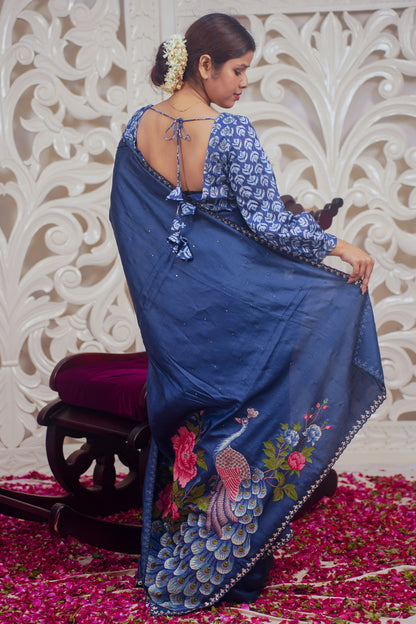 Royal blue designer pure silk saree