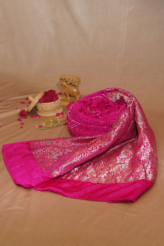 Dark Pink Pure Gajji Bandhej Banarasi Handloom Saree