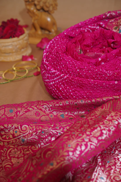 Dark Pink Pure Gajji Bandhej Banarasi Handloom Saree