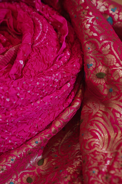 Dark Pink Pure Gajji Bandhej Banarasi Handloom Saree