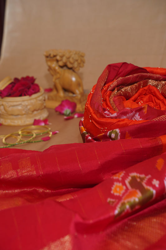 Orange Pure Ikkat Patola Bandhej Handloom Saree