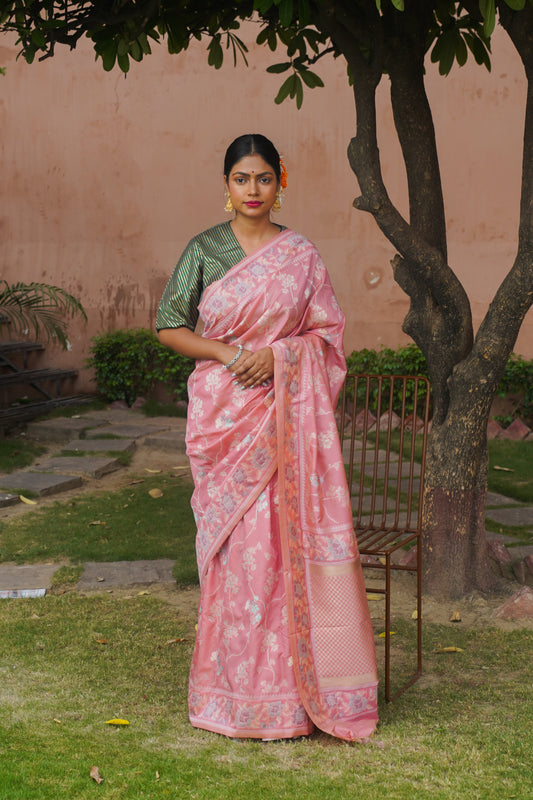 Pink Banarasi Soft Silk saree