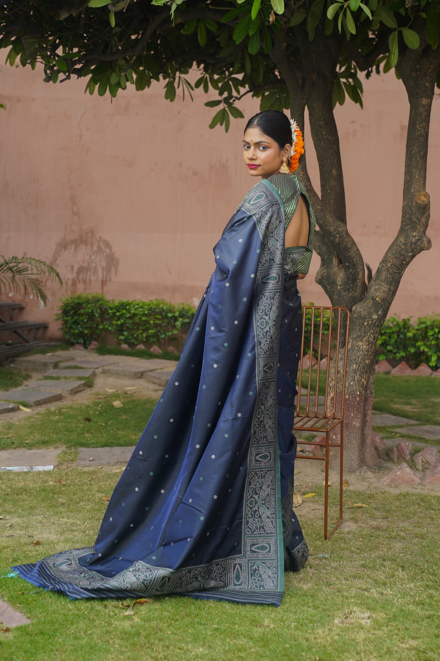 Navy Blue Soft Silk Banarasi Saree