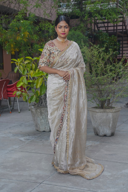 Off White Pure Tissue Silk Banarasi Designer Saree