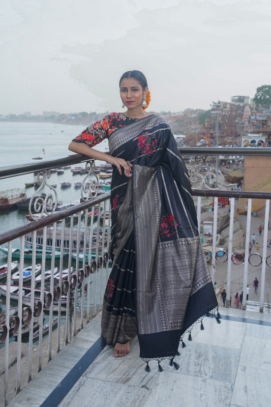 Black Handwoven Banarasi Satin Silk Saree