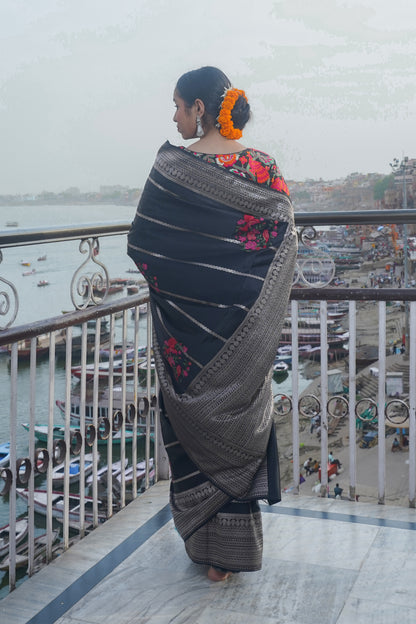 Black Handwoven Banarasi Satin Silk Saree