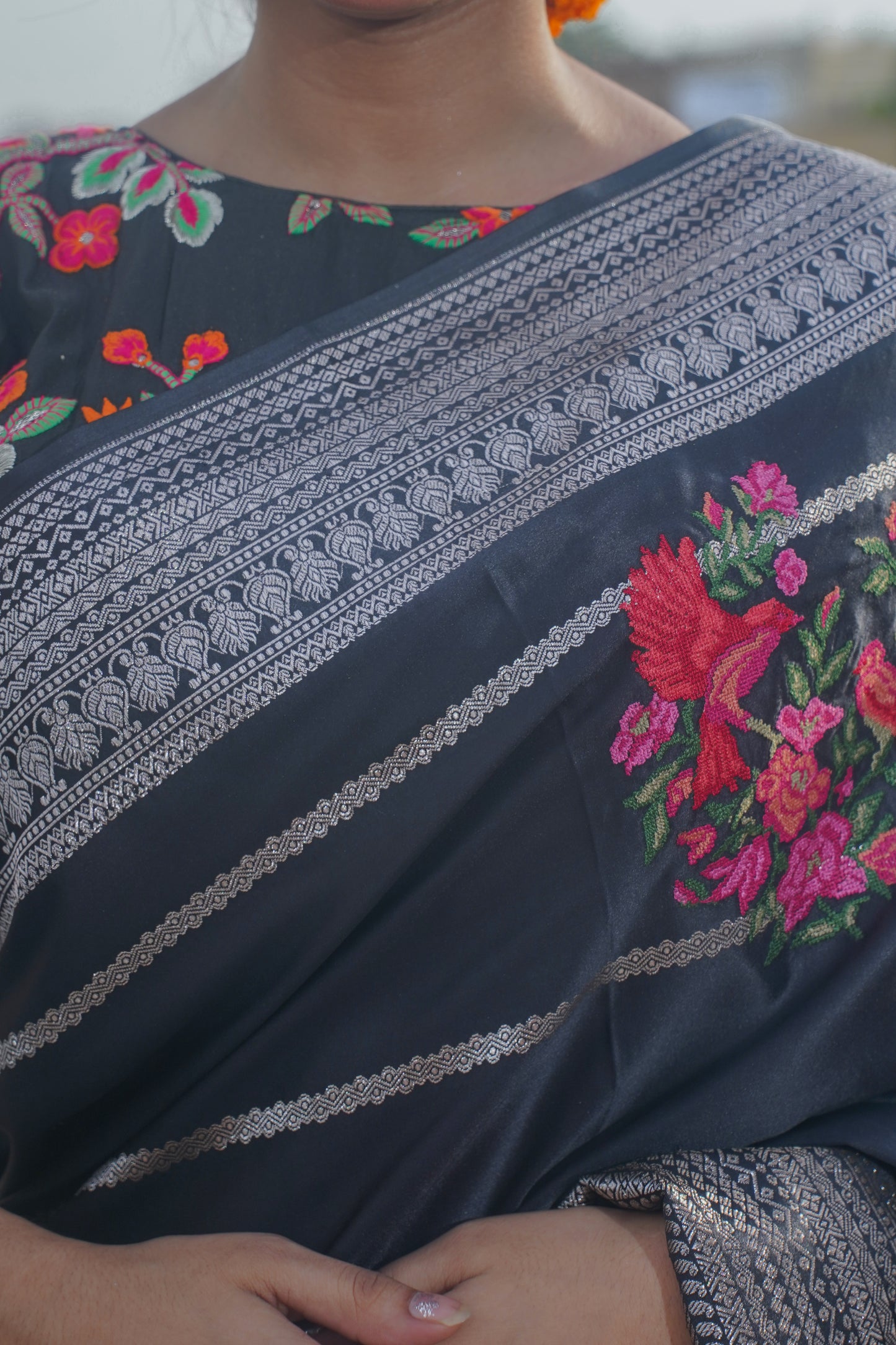 Black Handwoven Banarasi Satin Silk Saree