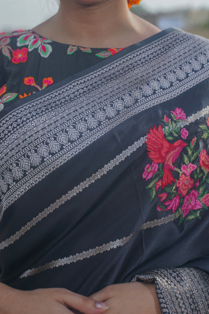 Black Handwoven Banarasi Satin Silk Saree