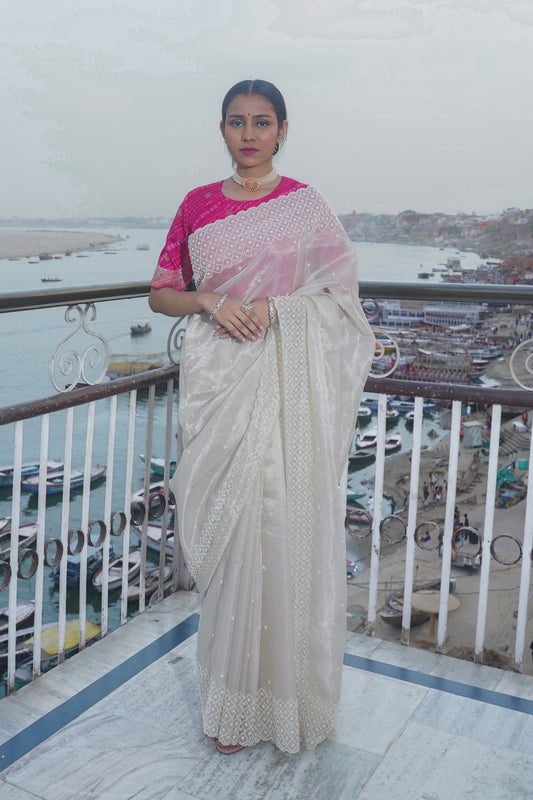 Off white Banarasi Tissue silk saree with pearl work