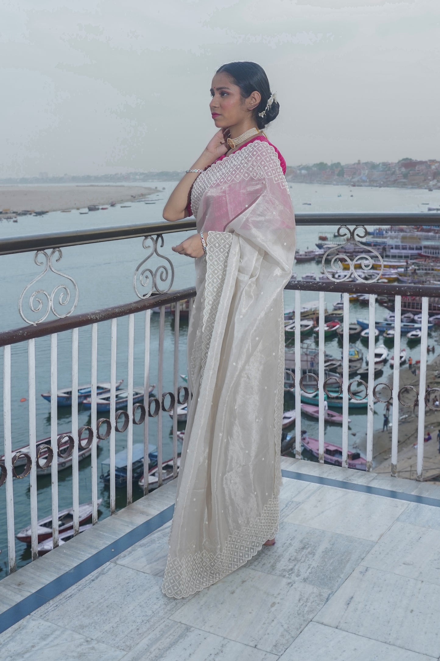 Off white Banarasi Tissue silk saree with pearl work