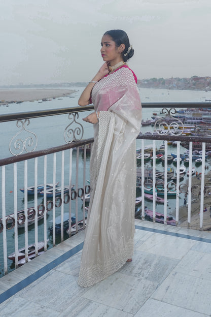 Off white Banarasi Tissue silk saree with pearl work