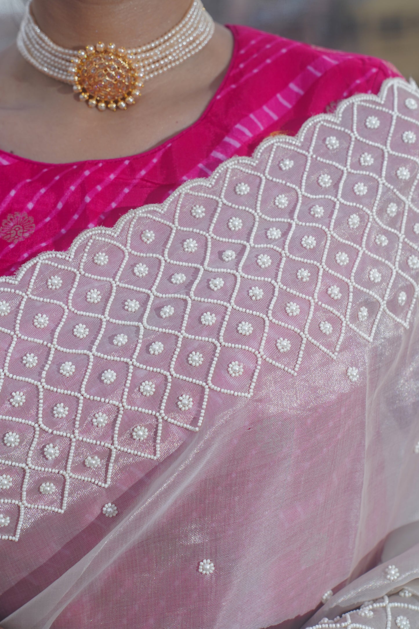 Off white Banarasi Tissue silk saree with pearl work