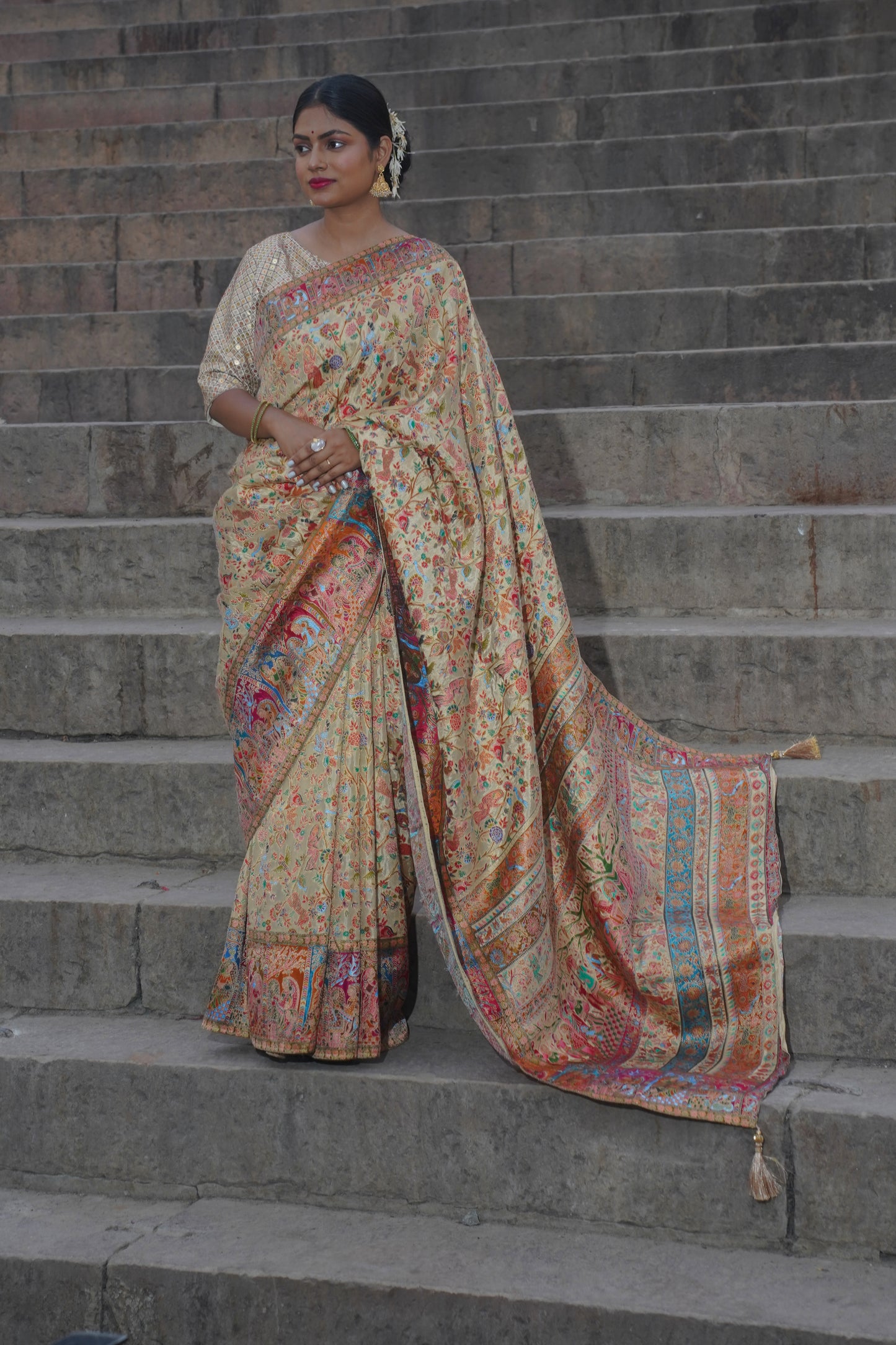 Cream Soft Silk Banarasi Saree