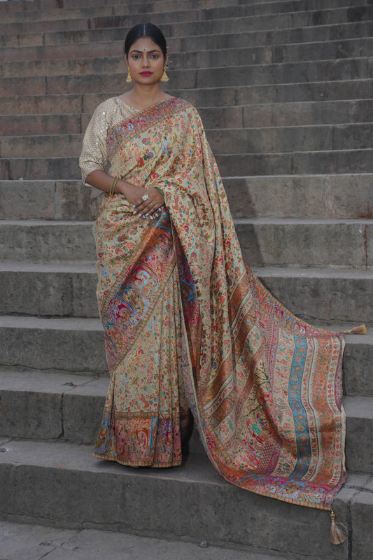 Cream Soft Silk Banarasi Saree