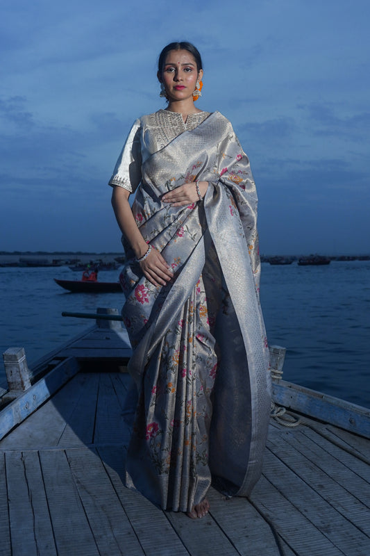 Grey Pure Soft Silk Banarasi Handwoven Saree