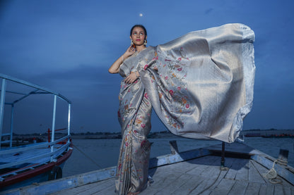 Grey Pure Soft Silk Banarasi Handwoven Saree