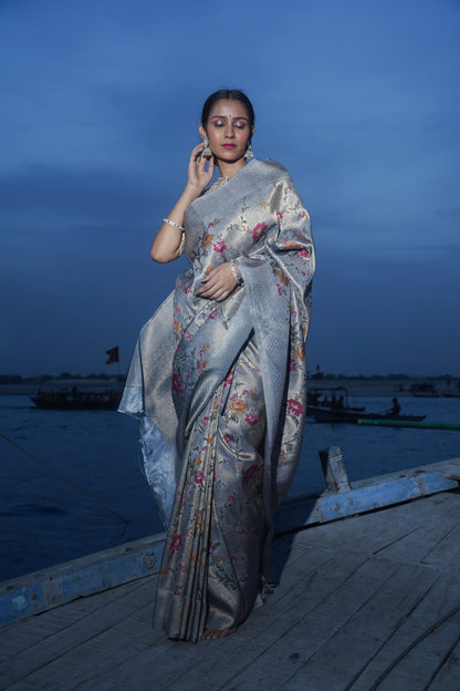 Grey Pure Soft Silk Banarasi Handwoven Saree