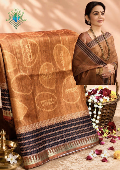 UTSAV BANARAS 480: Rust Orange Ram Sila Tussar Silk Saree – Sacred Bandha Ikat Masterpiece Inspired by Nita M. Ambani