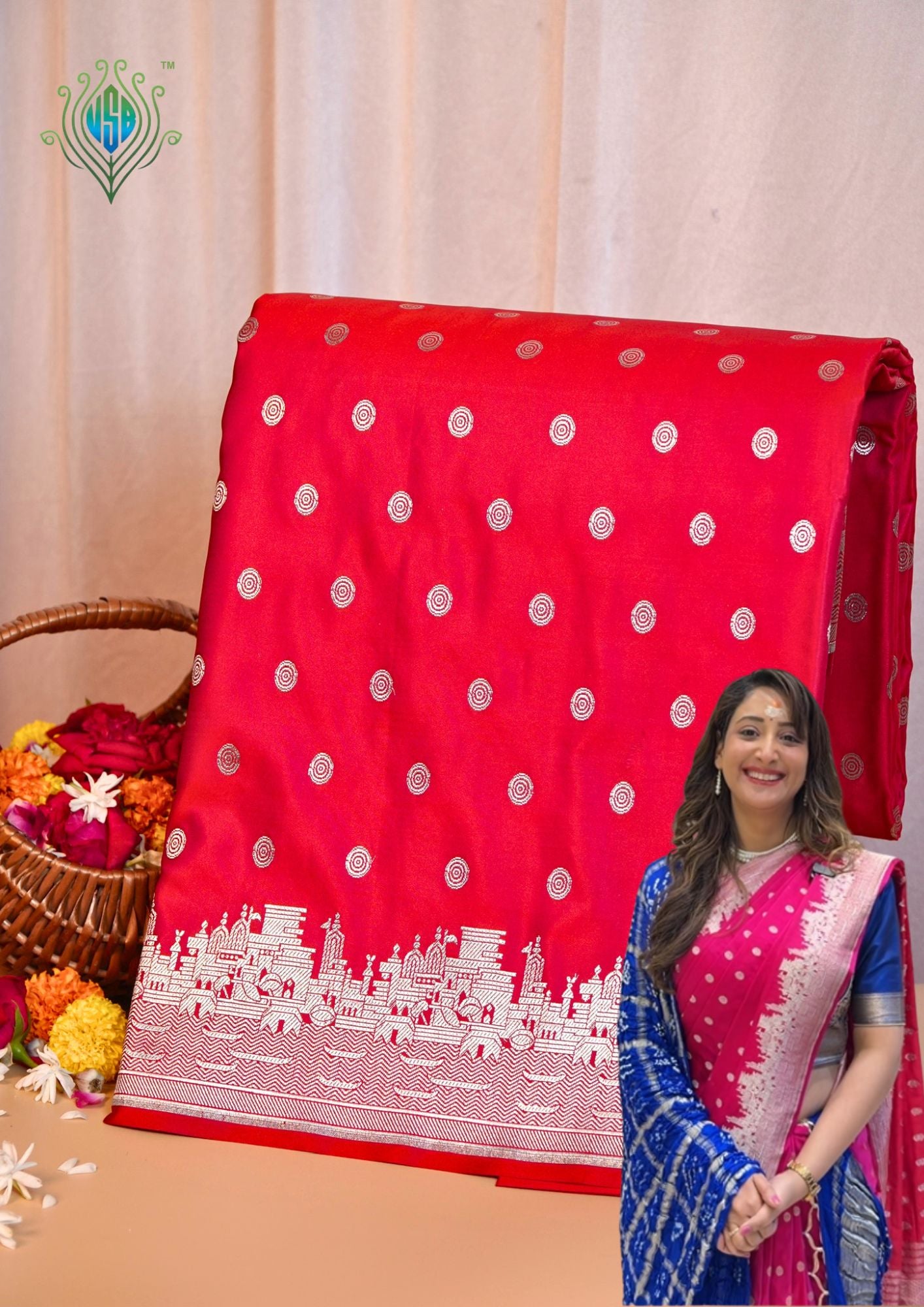 Waah Banaras 055A: Glossy Red Banarasi Pure Massaru silk saree with Ghat Border