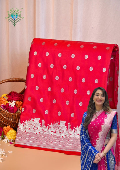 Waah Banaras 055A: Glossy Red Banarasi Pure Massaru silk saree with Ghat Border