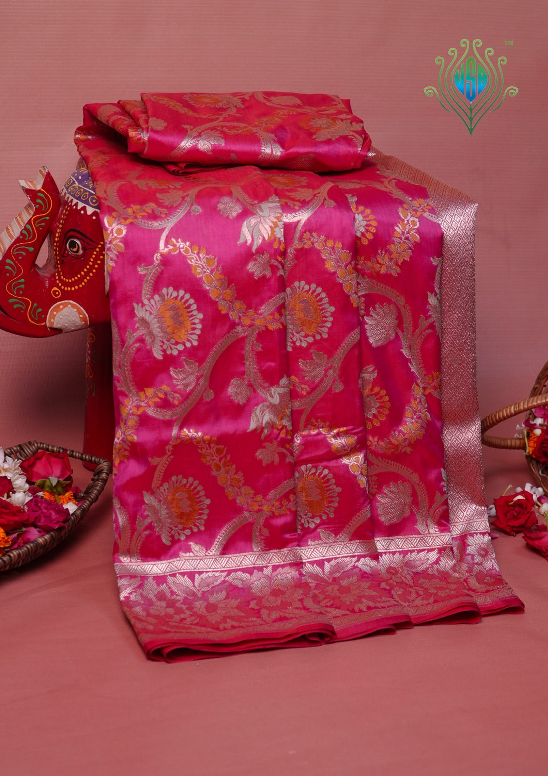 VIRASAT 426A: Pure Handloom Kadwa Katan Silk Saree Hot Pink | Silk Mark Certified | Celebrity Choice