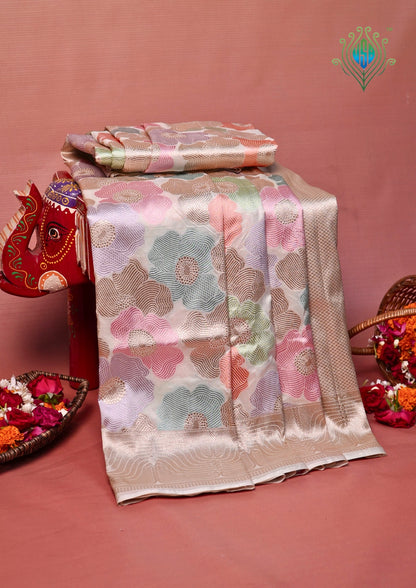 VIRASAT 425B: Beautiful Creamy White Pure Handloom Rangkat Katan Silk Saree Floral Meenakari With Silk Mark Certified