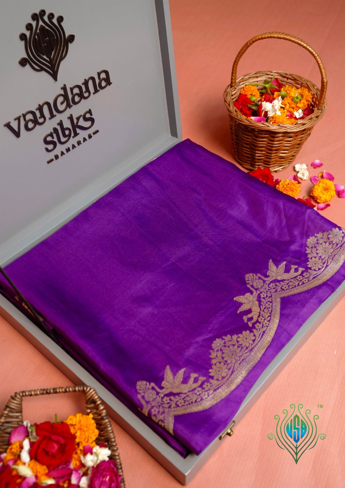 FOUNDER CHOICE 067: Violet Pure Silk Saree with Faristey Scallop Border &amp; Zari Floral Blouse