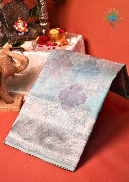 VIRASAT 449: Pure Handloom Kimkhwab Rangkat Silk Saree Soothing Blue | Banarasi Masterpiece
