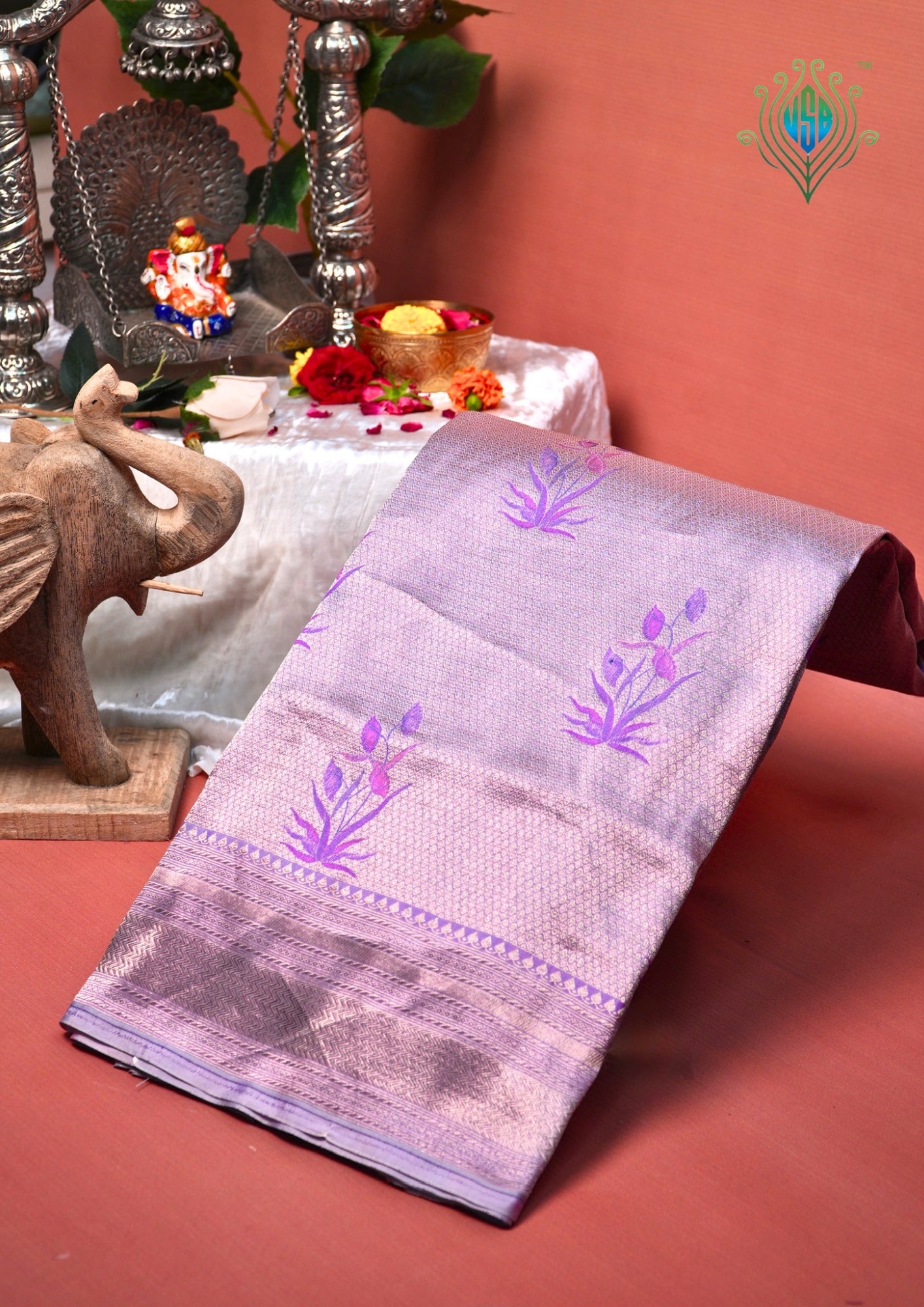 VIRASAT 450: Pure Handloom Kimkhwab Silk Saree Lilac | Timeless Banarasi Elegance