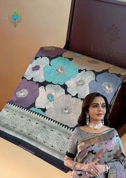 VIRASAT 425A: Silk Mark Certified Pure Handloom Silk Saree with Rangkat Floral Design &amp; Kadwa Zari Weaving