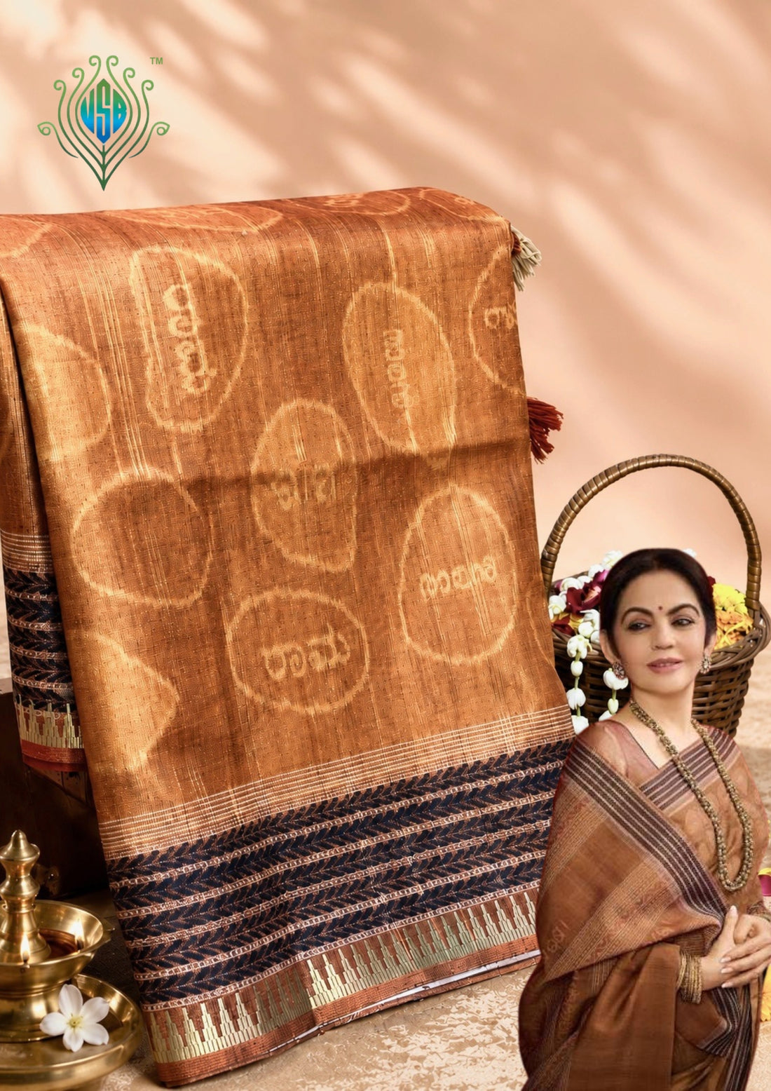 UTSAV BANARAS 480: Rust Orange Ram Sila Tussar Silk Saree – Sacred Bandha Ikat Masterpiece Inspired by Nita M. Ambani