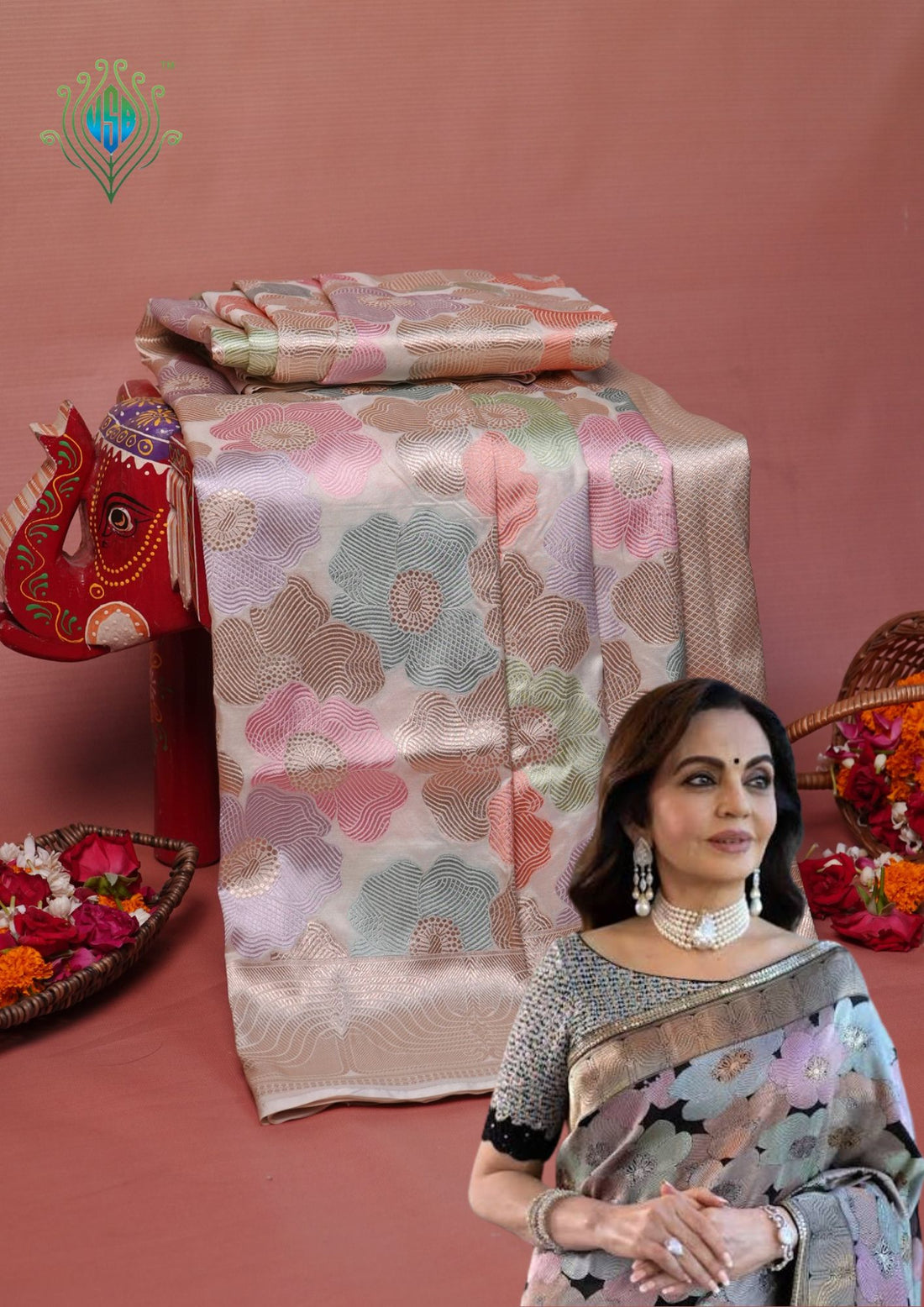 VIRASAT 425B: Beautiful Creamy White Pure Handloom Rangkat Katan Silk Saree Floral Meenakari With Silk Mark Certified