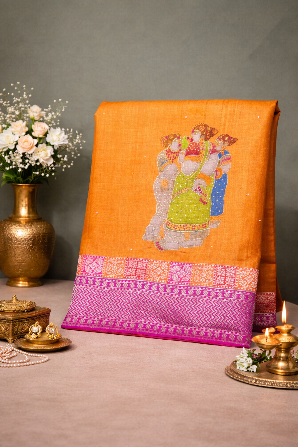 Founder Choice 055: Honey Orange Pure Handloom Tussar Silk Saree With Hand Painted Work And Contrast Border