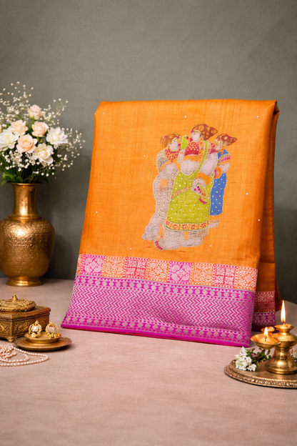 Founder Choice 055: Honey Orange Pure Handloom Tussar Silk Saree With Hand Painted Work And Contrast Border