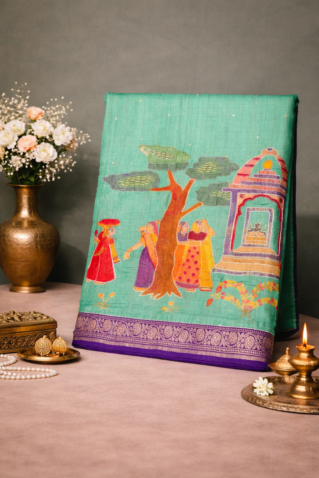 Founder Choice 056: Jungle Green Pure Handloom Tussar Silk Saree with Hand Painted Art